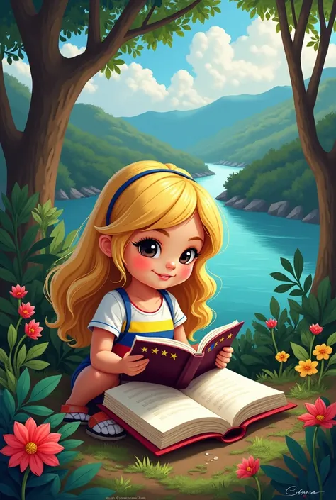 An illustration that has , Smiling girl with dark eyes with light blond hair who is reading,  the Venezuelan flag with 7 stars and Venezuelan elements such as river landscapes