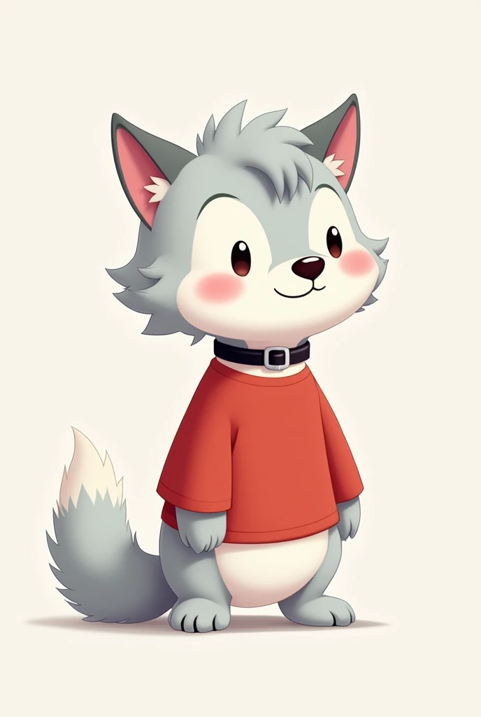 Bluish gray semi-curly long hair
Small and cute with white fur, a wolf and a water man
red long sleeve t-shirt  black dog collar
simple cartoon picture