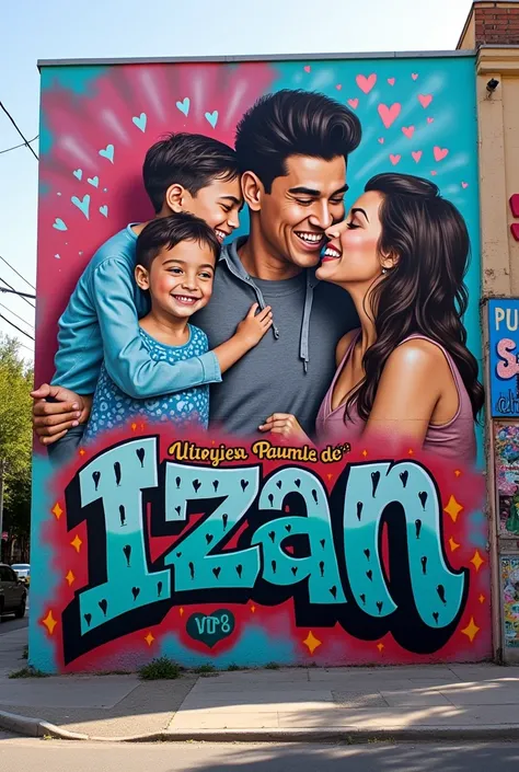 A graffiti with the name of Alejandra and Robert and Izan together with an image in the background of a happy family 