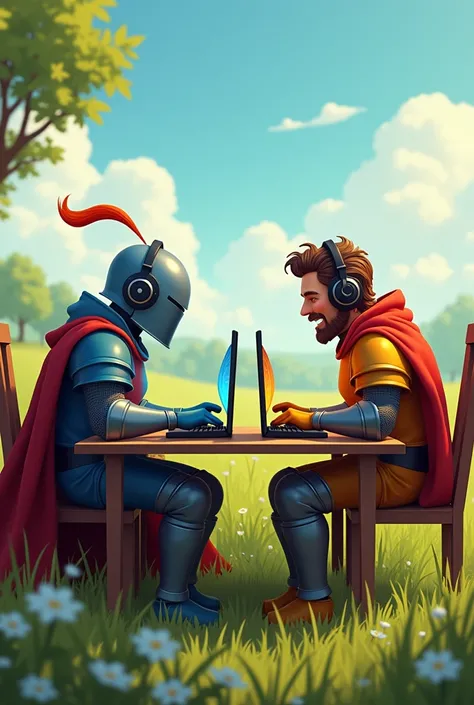 Two happy friends, two knights, playing games on a computer with a nice system, at tables side by side in an open meadow, they have headphones.