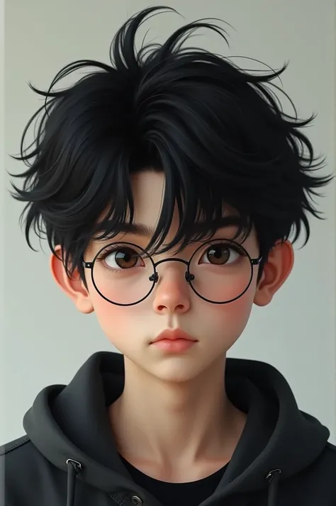 He gave me a picture of a handsome 17-year-old boy with messy hair, black hair, a slightly long face, wearing round glasses.