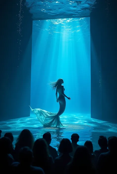 The stage has an ocean concept, mermaid, dark blue, with a led screen behind, and an audience below the stage, no people