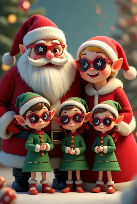 A modelo está 
Generate an image of Santa Claus, Mrs. Claus dressed in red and 3 elf girls dressed in green. Wearing glass sunglasses with stars and the moon on the glass