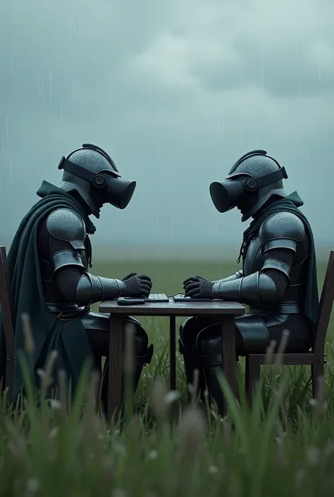 In an open meadow, in cloudy rainy weather, two male knights playing games on a well-system computer at tables side by side, with headphones and helmets, in dark fantasy style.