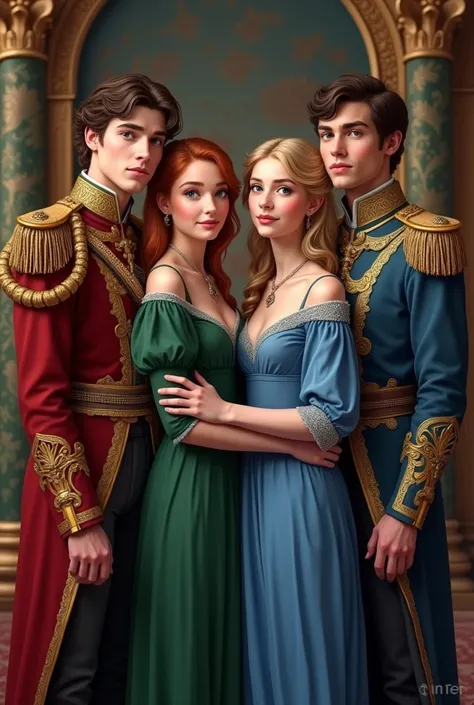  Create a realistic picture of four 20-year-old people .  James and Anya stand from left ,  James hugs her .  James has brown eyes and brown hair, he is in parading clothes , because he is Count ,  and Anya next to him she has blue eyes and reddish-yellow ...