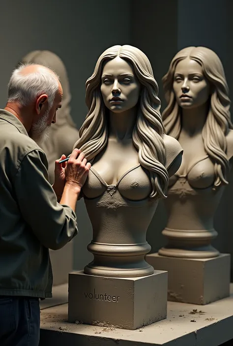  A few beautiful latin woman with long hair with no facial expression standing upright is undergoing the process of becoming a bust sculpture in a modern museum by being cast with cement, on the base of the box is written the words VOLUNTEER, an old man wa...