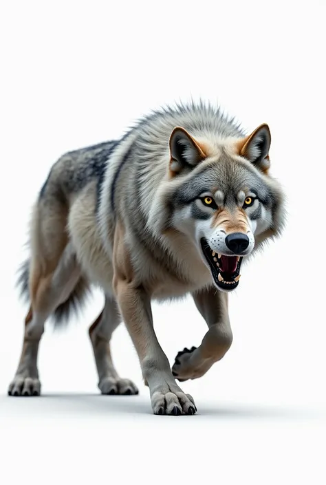 High quality photograph of a wolf walking sideways with its face facing forward with the intention of attacking.
Full body. White background.