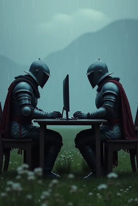 2 male knights playing games on a beautiful desktop computer at tables side by side in an open meadow in cloudy rainy weather, let it be knight helmets, let it be in dark fantasy style in dark theme