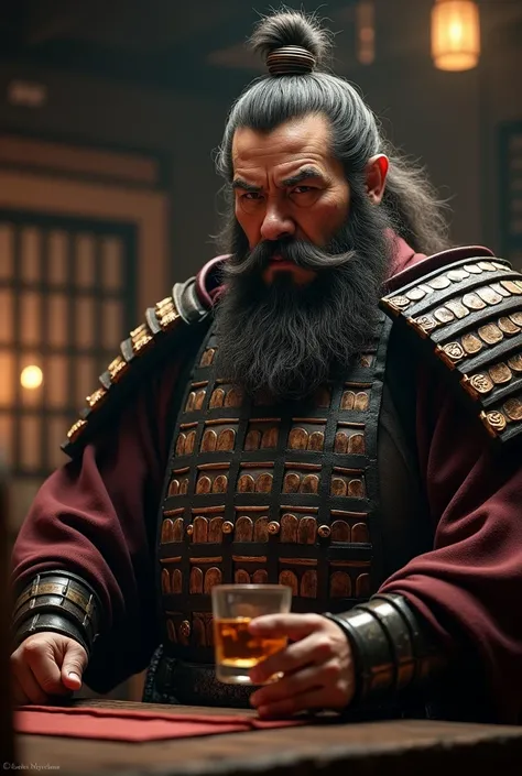 samurai, bearded, Approximately 50 years, gordo, Serving a shot of whiskey, 