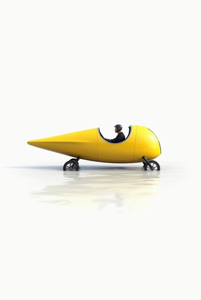 minimal logo for yellow cigar-shaped amphibious velomobile "GONZA" with 4 integrated thin wheels , side view, driver inside, floating on the water, half of the wheels under the water line, convertible narrow single-seater aerodynamic velomobile, white back...