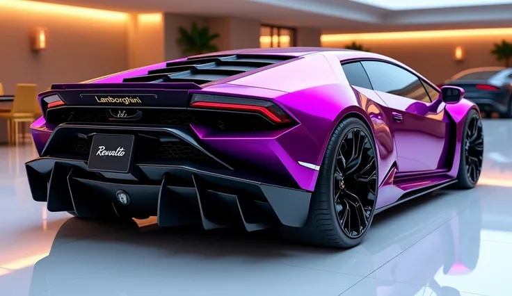 Close back view of painted (Viola Pasifae)with shiny clour 2025 Lamborghini Revuelto sleek in large shape sedan in large size with Lamborghini logo on its large detailed grille in shiny black clour with angular sporty design captured from close( back view ...