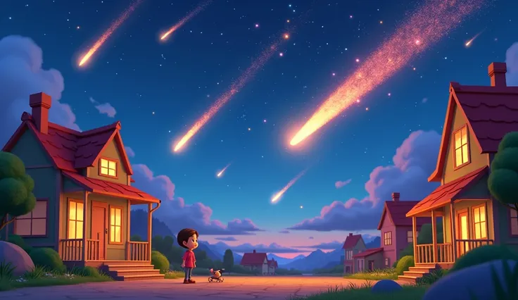  image for a cartoon story of Disney-style YouTube videos, in Pixar format : meteor shower .  Meteorites burn up in the atmosphere, without reaching the city .