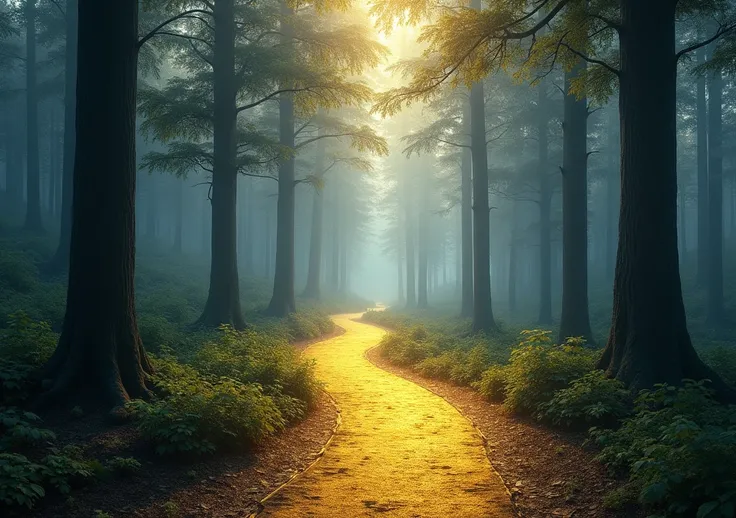 6 A golden path that meanders through a forest of trees that bleed silver light.