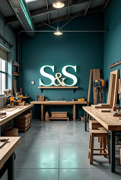 I want to see a carpentry workshop in the color dark blue and green silver with the brand "S&S" 