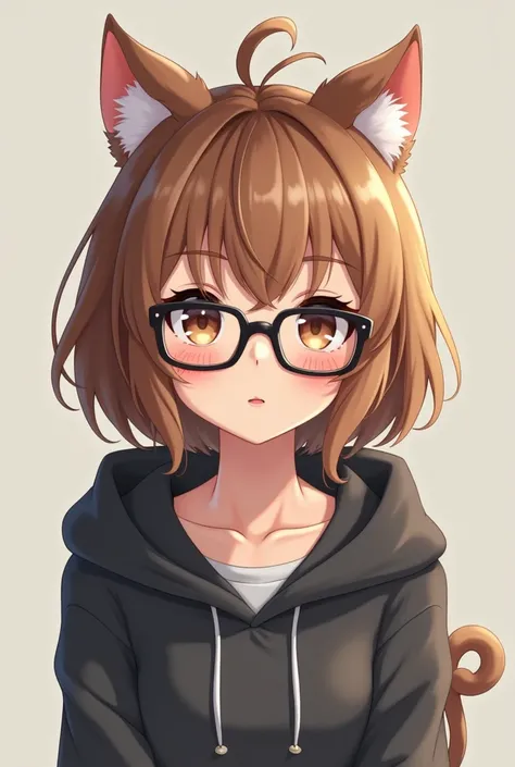 cute anime girl with brown hair black square glasses cats ears a dark gray hooded sweater 