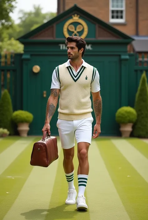 4K, Full body walking ,  holding a leather sneaker case ,  looking to the side ,  Jacobelordi short wavy black hair , glow na pele, Square face , muscular.,  has a tattoo on his arm, wearing white: a cream-colored knitted vest with green stripes  ,  undern...