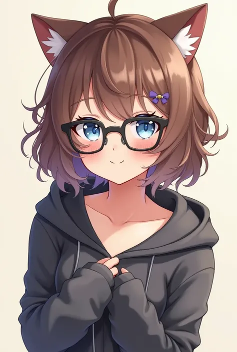 cute ish anime girl with brown hair blue eyes black square glasses cats ears a dark gray hooded sweater no clothes underneath