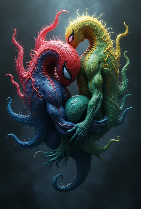 three symbiotes, each with a different color, merging with eachother into one symbiote