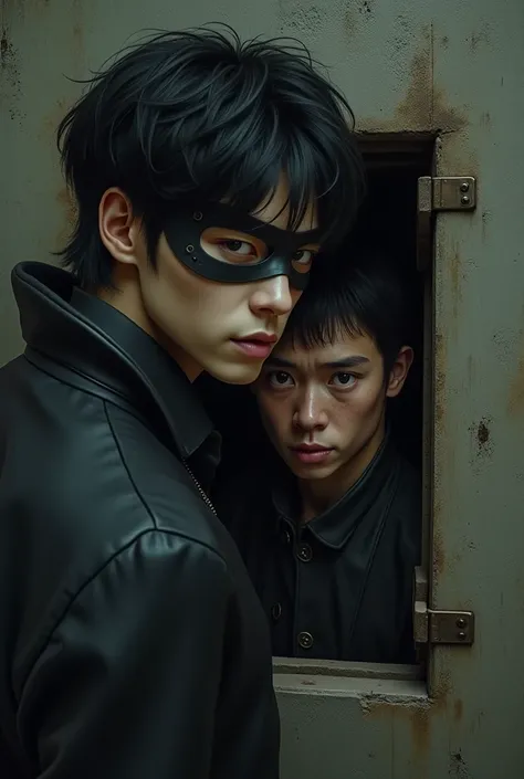  A very handsome and calm young man with fine features and perfect face has half-length black hair is a thief with a mask right over his eyes. Next to him , An obese young man is stuck in a trap by a hatch and looks haggard .