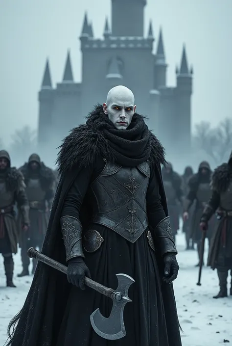  A snowy and desolate wasteland ,  a black and cursed castle in the background ,  a young man,  30 years old,  white skin , serious and dark face , wicked, bright golden eyes,  wearing cursed black steel armor, a hairy black cape ,  black steel gloves ,  h...