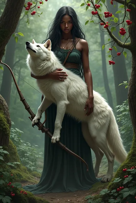  Black girl wearing the skin of a white wolf in her hand is there a bow, Around you there are trees with red berries 