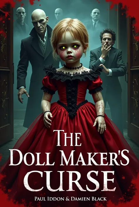 Create a haunting book cover for The Doll Makers Curse by Paul Iddon & Damien Black. The central focus is a cursed porcelain doll with glowing, lifelike glass eyes and cracks running across its face, dressed in a crimson Victorian gown with intricate black...