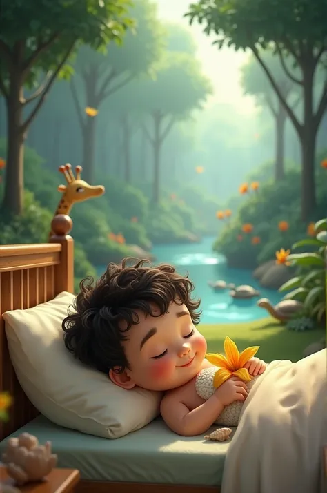 an animated image of an 8-*****-*** boy with dark curly hair and a chubby smile, hugged his golden lily and small shell and fell asleep, on the crib and dreaming of magical forests, giraffes, turtles and shining lakes.