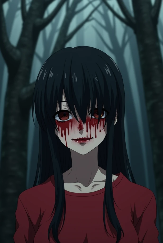  creepy anime A guy with long black hair that covers his eyes and all you can see is a bloody nose with a smiling mouth,  dressed in a red pillowcase and you can see his neck, which is also covered with drops of blood , he is in the middle of a dark forest...