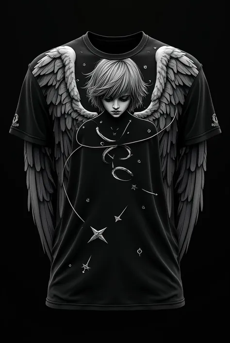 a black shirt with a drawing outline of an angel on it,  emotional expression, arrows, fine image on the store website, sad emoji, empathic, connected to heart machines, editorial awarded, angel in hell, 