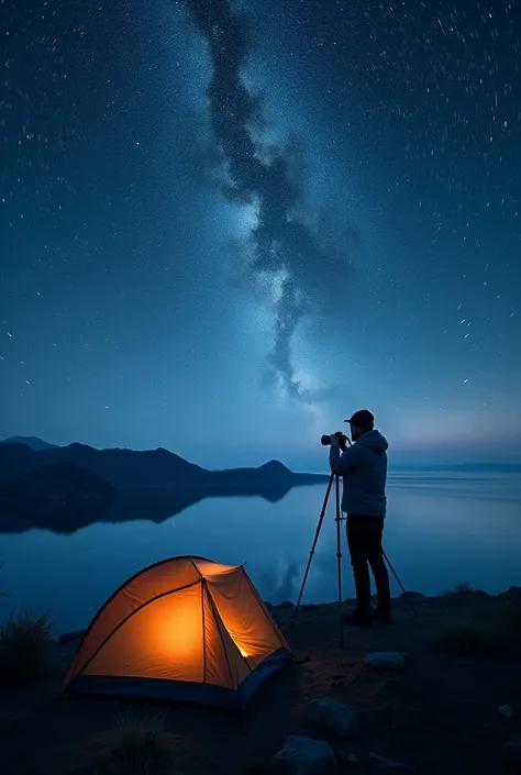  A hyperrealistic quality photograph of a night landscape in the scene you can see the silhouette of a photographer with a tripod on a mountain, Below the sea  ,  the photographer capturing the movement of the stars by long exposure ,  can be seen in the m...