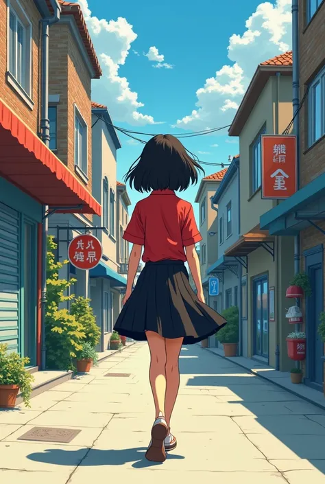 an anime girl in a red shirt and a black skirt walking down the street, an anime drawing of Ilya Kuvshinov , trend on pixiv, serial art,  anime style . 8K,  anime style  4 k, Chica Lofi, retro anime girl, in  anime style , anime vibes, in an  anime style ,...