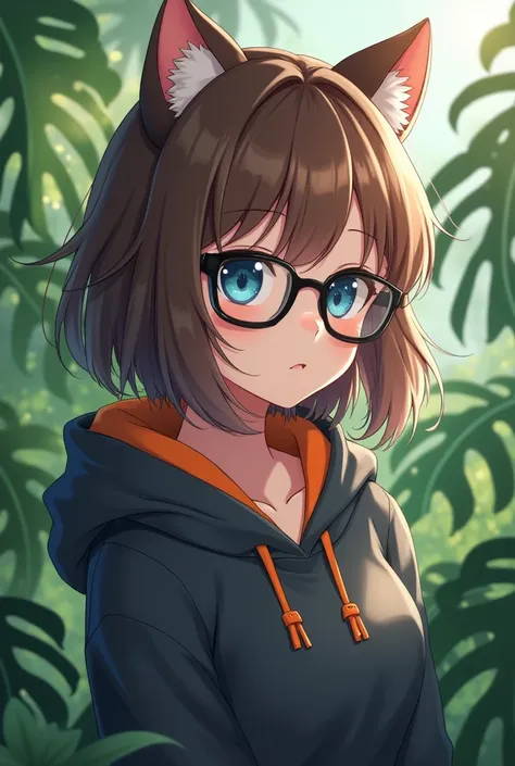 cute ish anime girl with brown hair blue eyes black square glasses cats ears a dark gray hooded sweater the orange string no clothes underneath ,  In the background monstera plants  