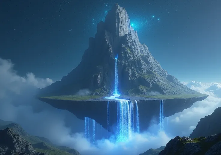 12 A floating mountain with light waterfalls that turn into stars when they hit the ground.