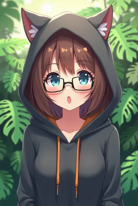  cute  anime girl with brown hair blue eyes black square glasses cats ears a dark grey hooded sweater, grey hood  ,  the string orange no clothes underneath  ,  In the background monstera plants  