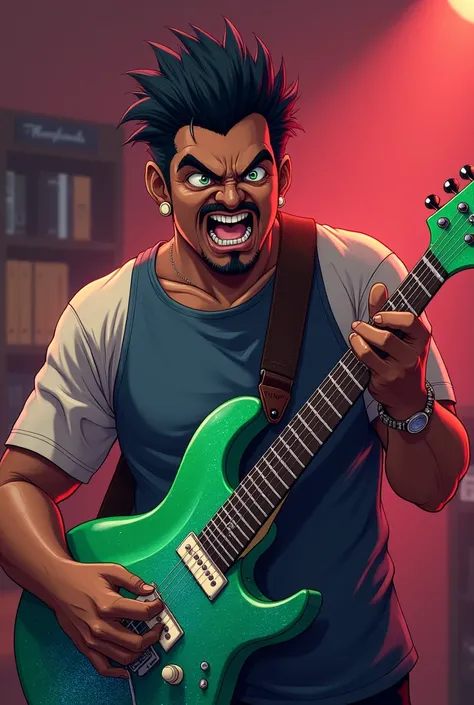 Anime style, a chubby black man with an angry face wears a thin mustache and goatee, black hair, taper fade hair with a gradient in the hair, he is holding a green strato guitar that looks like a blue one, the guitar has glitter, the scene behind it would ...