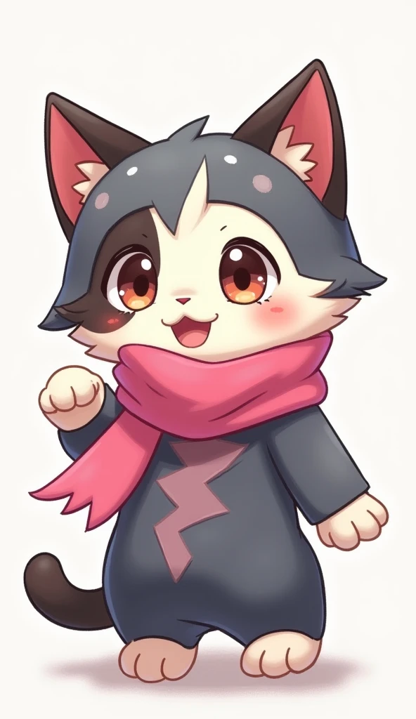 A cat dressed in a Greninja cosplay costume, featuring a pink scarf around its neck. big eyes、kitten、whole body、 simple background 、Fluffy and big 