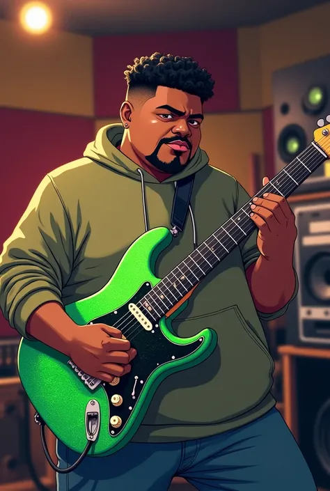 Anime style, a chubby black man wears a thin mustache and goatee, black hair, taper fade hair with a gradient in the hair, he is holding a green strato guitar that looks like a blue one, the guitar has glitter, the scene behind it would be a music studio
