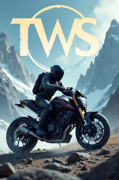 Scientist on an adventure motorbike. In a backdrop of mountains. Letters TWS at the top in a stretched circle 