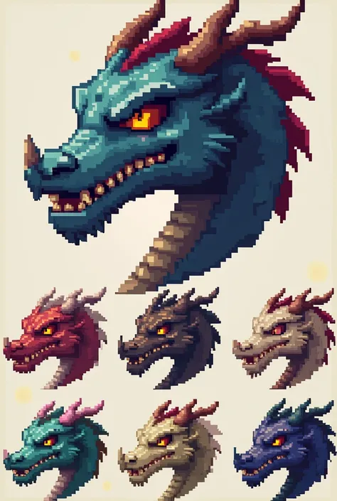 create a pixelated dragon head in different styles for a simple mobile game