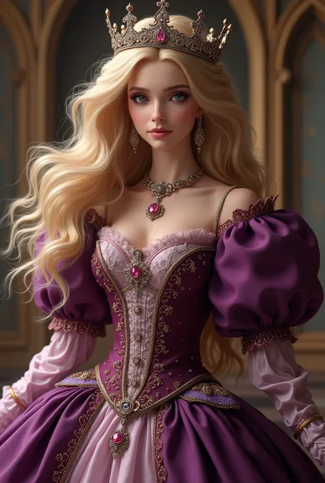 A blonde princess in a pompous dress with pompous purple sleeves and ruby shoes and a diamond crown 