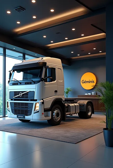  Create a sign in a front office with the name of" Geminis S .R.l." with a Volvo truck on its side that is realistic  