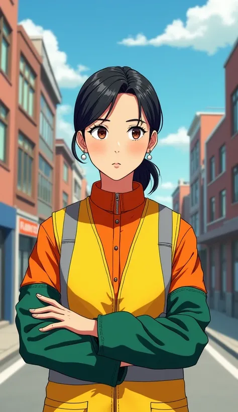  Make an image of A Street ,  has a street sweeper sweeping the street .
 she wears an orange uniform with a blossoming yellow vest,  has a green coat on the sleeves of her uniform . She has fair skin,  hair is tied , Dark black hair , brown eyes,  a 2mm w...