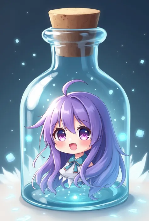 Gakupo Kamui from Vocaloid ,  face sitting inside a glass bottle with a cork lid. He has an expression of illusion on his chibi-style 