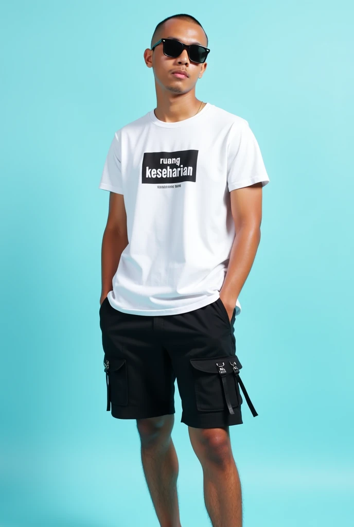 An 20 year old man from Indonesia with a shaved head and wearing sunglasses stands in a relaxed pose in front of a light blue background. He wore a short-sleeved white t-shirt with a black and white graphic design that said "Ruang Keseharian" on the chest....