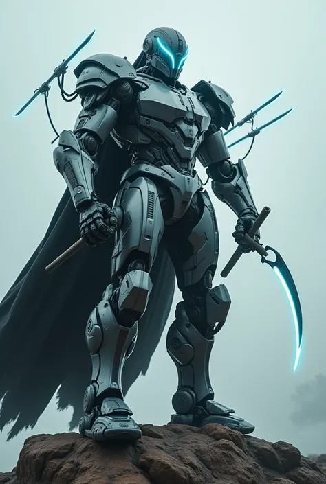 Hill of rocks with a futuristic giant body strong humanoid Husky robot wearing a long flying black cape strap the figure has a white robotic neon cybrpunk mask and is surrounded by rows of mechanical arms or appendages, each holding a glowing sword-like ob...