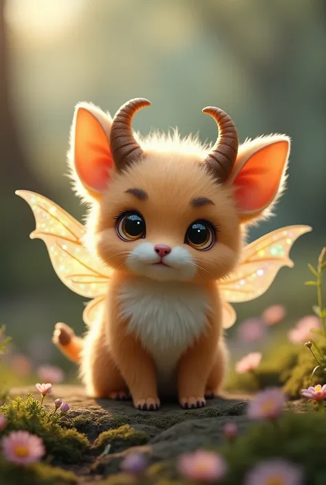 A fluffy and cute animal with fairy wings and half a demon