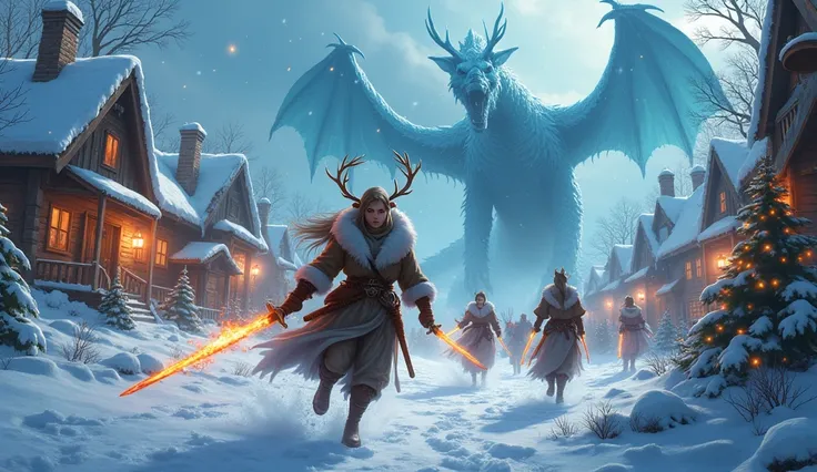 a humble holiday village covered in snow with Christmas lights and Christmas decorations is being destroyed by a ravaging ice dragon, a group of female warriors wearing reindeer pelts and wielding flaming swords charge in to fight the threat