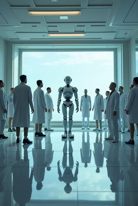 Imagine a large laboratory, glass and marble, sleek, modern, high society, warm lighting, almost futuristic hospital theatre where humanoid robots are visible through the big theatre window 