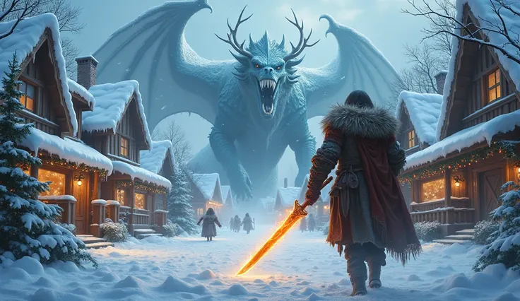 a humble holiday village covered in snow with Christmas lights and Christmas decorations is being destroyed by a ravaging ice dragon, a giantess wearing a reindeer pelt and wielding a flaming sword charges in to fight the threat