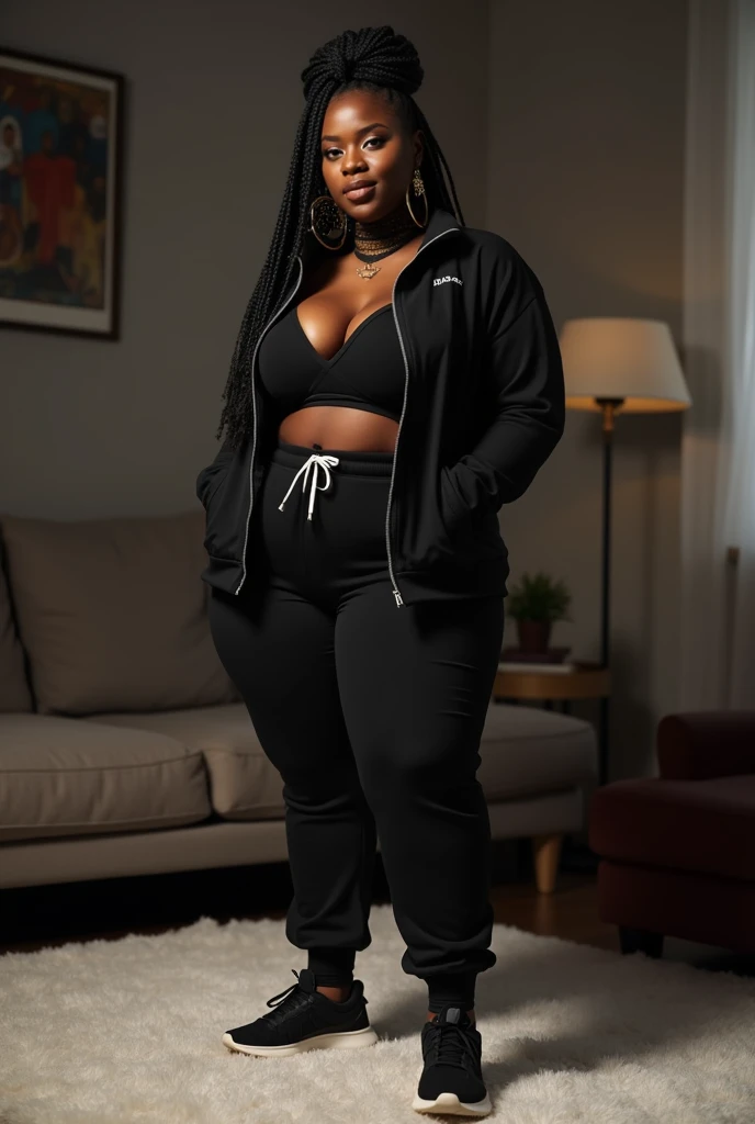 27 year old ebony girl, dark skin, curvy body wide hips large breasts large buttocks, scarf tied around hair, large earrings, tight fitting black tracksuit, sneakers, standing on white carpet in dark living room